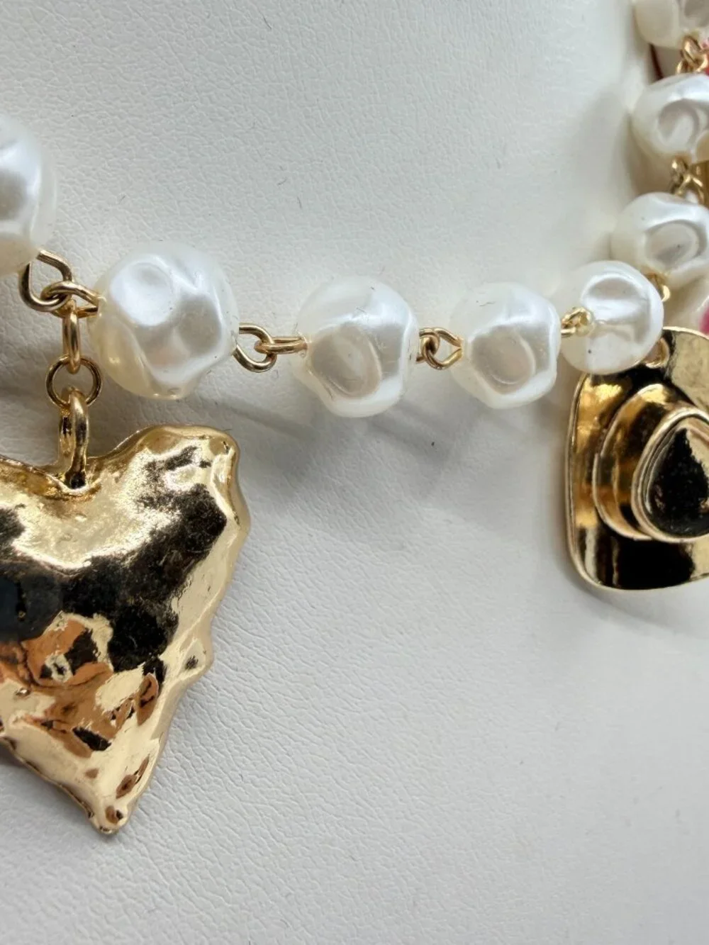 Vintage Gold Tone Faux Pearl Charm Necklace Cowgirl Heart Watch Pendant Quirky